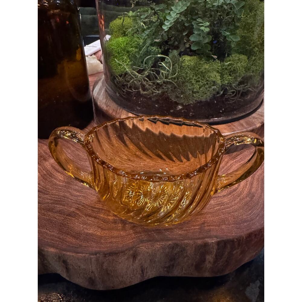 Antique Amber Glass Sugar Dish, Art Deco Twisted Optic Swirl Bowl
